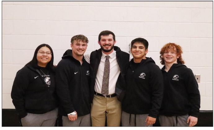 What a way to end on Senior Night and the last home dual! Hosted Hennessey and came out on top with a 64-12 win! Sending the Seniors out right! It’s a great day to be an Eagle! Shown are (L-R) Taryn Little Yellowman, Kale Smith, coach Grant Williams, Ernesto Duenez and Dakota Morris. Photo courtesy of Watonga Schools