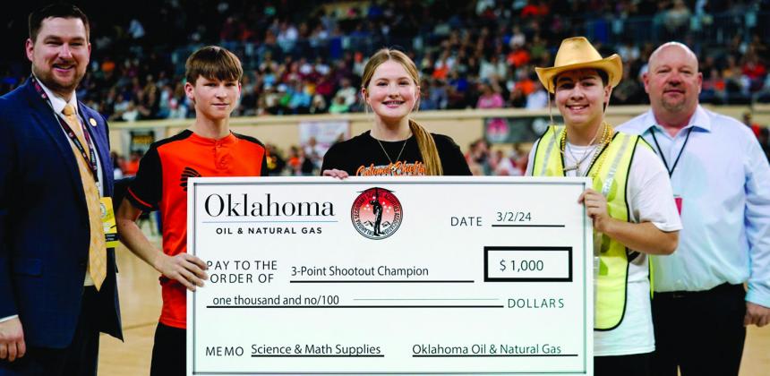 Above Hayden Mayfield from Calumet Public Schools took part in the People of Oklahoma Oil &amp; Natural Gas 3-Point Competition during the first session of the Basketball State Championships at the Big House. $1,000 will go to the school's science &amp; math departments courtesy of OERB - Oklahoma Energy Resources Board Below: Dalton Belcher (L) and Hunter Arnold (R) were each named conference MVPS in the Washita Valley Conference during the 2023-24 basketball season.