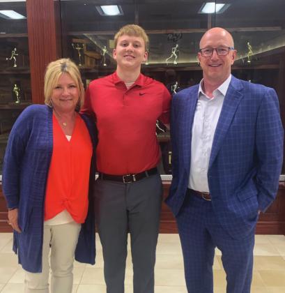 Tucker Estep poses with Kimbri High and Terry Cupp at the Watonga scholarship and awarsd banquet on Monday, May 3. The scholarship was created in memory of Doris Cupp, a longtime Watonga High School educator.