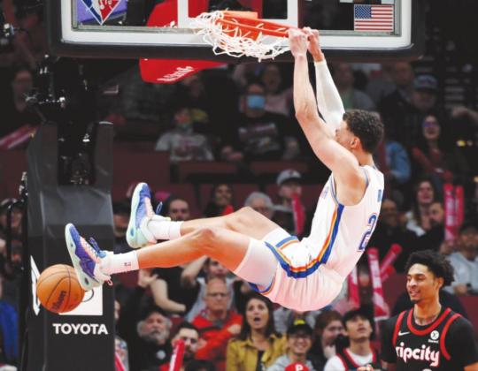 Isaiah Roby dunks the ball during the overtime against the Portland Trail Blazers at Moda Center. The Thunder won 134 -131. (Steve Dykes-USA TODAY Sports)