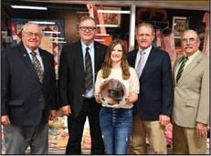 Avery Fisher from Okeene, OK, receives her Champion bread tray and first place ribbon in the Other Wheat Bread category at the 2022 State Fair “Best of Wheat” Bread Baking Contest with her Challah Bread recipe. Oklahoma Wheat Commissioners Don Schieber, secretary-treasurer, Ponca City; RJ Parrish, District I, Hunter; Jerry Wiebe, District 2, Hooker and David Gammill, vice-chairman, Chattanooga presents her silver tray award.