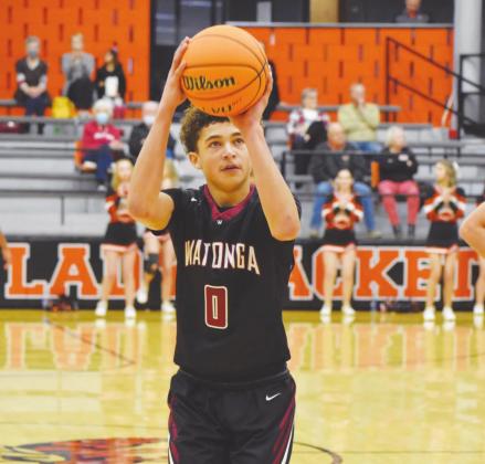 Deondre Dunn shoots a free-throw during a game against Fairview. The boys beat Fairview 33-23 to finish third in the Three Rivers Tournament. Brenda Geels Watonga Republican