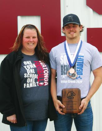 Watonga High School varsity powerlifting 168-pound senior Brandon Wiggins with his mother, Stephanie King. Brandon was a state qualifier for the Eagles alongside Easter.