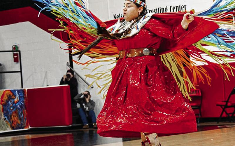 Members of the Cheyenne Arapaho Education Department came out and showed the students different types of native dances. Then the students learned and participated in a Round Dance.
