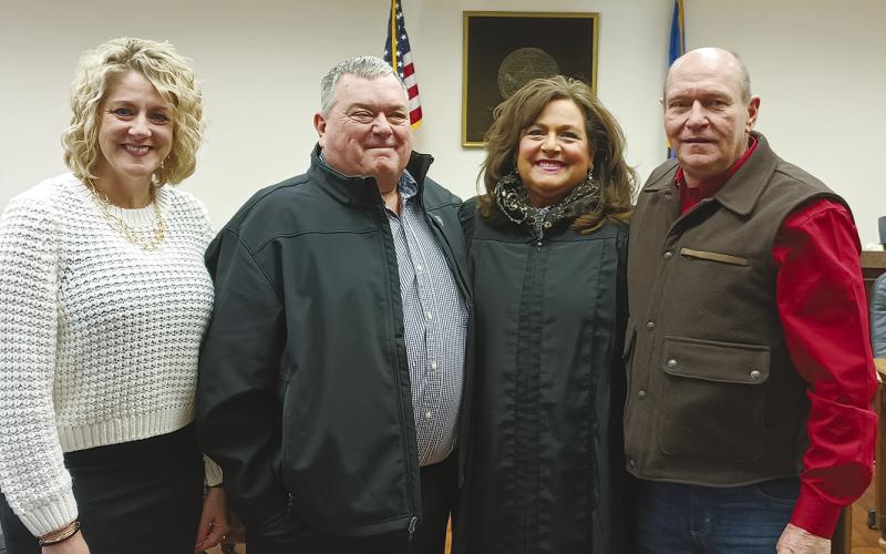 New officers were sworn in Jan. 3. Shown are (L-R) Misty Kitson, Blaine County Tax Assessor, Traci Matli, Commissioner, Associate District Judge Allison Lafferty and Darryl Hicks, Commissioner.