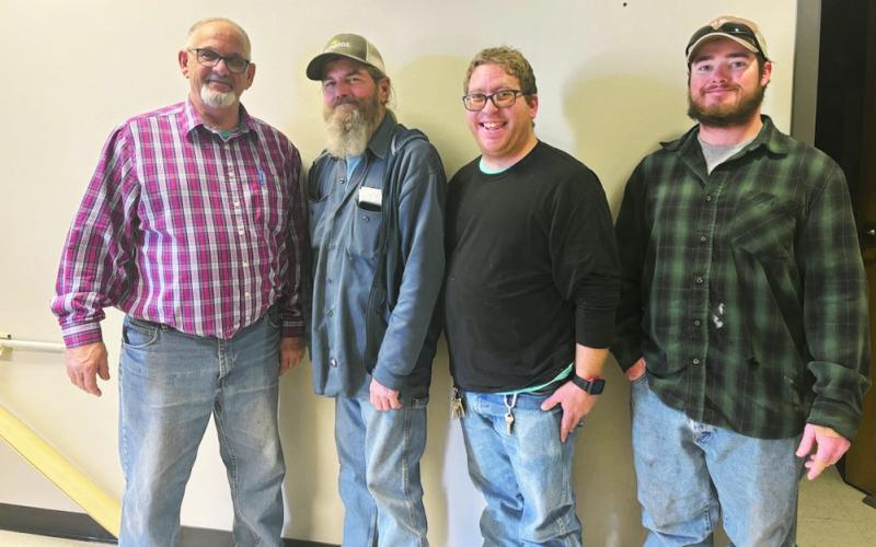 Paul Sutherland retired from the City of Watonga on Friday, January 24. He had more than 11 years of service. The city thanked him for his service and wished him well on his retirement. Left to right: Donnie Dunn, Paul Sutherland, Zane Plummer, G.R. Greer