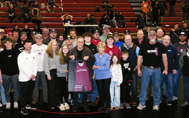 Larry Estep was honored during the wrestling homecoming Wednesday at Watonga. Photos courtesy of LX Photography