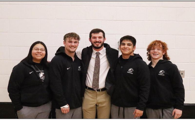What a way to end on Senior Night and the last home dual! Hosted Hennessey and came out on top with a 64-12 win! Sending the Seniors out right! It’s a great day to be an Eagle! Shown are (L-R) Taryn Little Yellowman, Kale Smith, coach Grant Williams, Ernesto Duenez and Dakota Morris. Photo courtesy of Watonga Schools