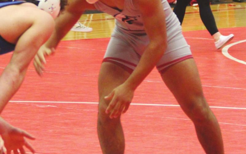 Watonga High School varsity 170-pound wrestler Joe Jackson competes on Jan. 21 against a Bridge Creek High School opponent at Hinton High School. Andrew Salmi | Watonga Republican