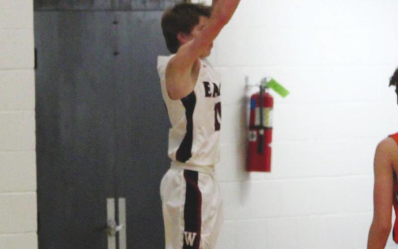Watonga High School boys’ varsity basketball senior guard Kyler Parham (10) shoots a three-pointer on Feb. 4 during a home game vs. Canton High School. Parham was one of six Eagles’ seniors to be honored for Senior Night on Monday, Feb. 17.