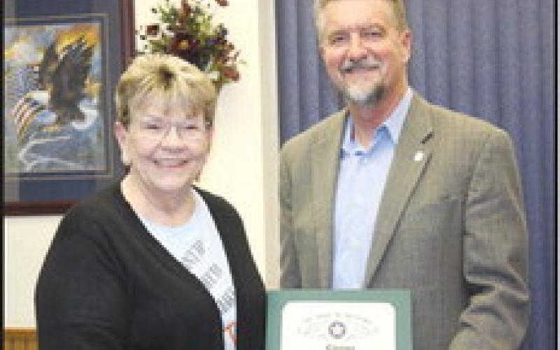 Rep. Mike Dobrinski presented Blaine County Courthouse retirees with citations Monday for their many years of service. At left from top are Dobrinski with Barbara Underwood, with 35 years of service. Dobrinski with Louise Cooper, who had 21-plus years of service,. Dobrinski with Jana Loewen, who had 11 years of service.