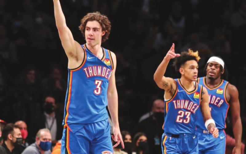 Oklahoma City Thunder guard Josh Giddey reacts after making a 3-point shot in the fourth quarter. (Wendell Cruz-USA TODAY Sports)