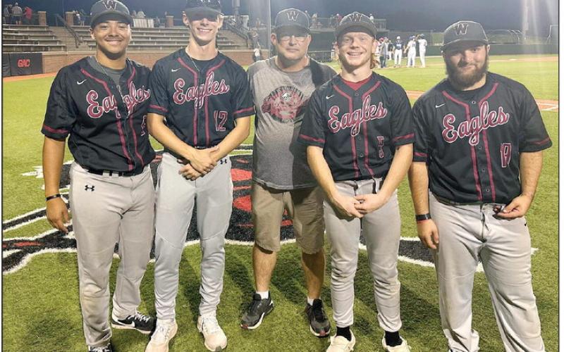 These four Watonga seniors were chosen to play in the Northwest Oklahoma Coaches Association All-Star game May 24. (L-R) Trenton Cole, Nicholas Walker, Coach John Cope, Dakota Morris and Malcom Brummett.
