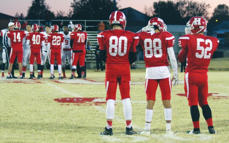 (Above) Hinton High School varsity football Class of 2020 seniors on Nov. 1, 2019, prior to a home game vs. Frederick High School. From left to right: quarterback/linebacker Denton Dahlenburg (14), running back/defensive back Dagen Boling (40), wide receiver/linebacker Ben Garza (22), lineman Aaron Gonzalez (70), wide receiver/defensive back Brayden Jones (80), wide receiver/defensive back Trenton Lusk (88), and lineman Andrew Boyton (52). ANDREW SALMI/HINTON RECORD