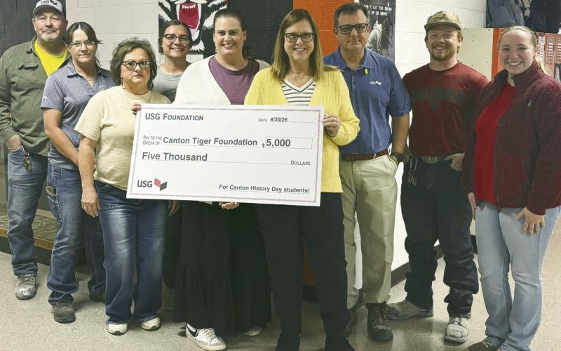 Pictured from left to right: Shannon Hoffman (Engagement Council member), Marsha Mackie (Engagement Council sponsor), Ladonna Bromlow (Engagement Council member), Kelsi Landes (Engagement Council member), Heather Smith (Canton Tiger Foundation Representative), Penny Heath (Canton History Day Representative), Matt Bright (USG Southard Plant Manager), Dakota Morris (Engagement Council member), Cassidy Edsall (Engagement Council Leader).