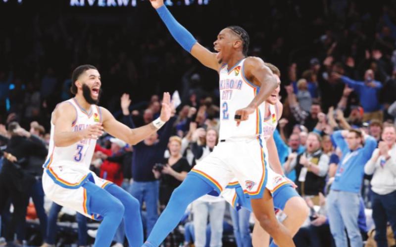 Shai Gilgeous-Alexander celebrates after shooting a 3-point basket at the buzzer to defeat the LA Clippers at Paycom Center. Oklahoma City won 104-103. Photo: Alonzo Adams-USA TODAY Sports