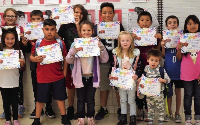 (Photo above) Students recognized for showing respect. They are: (front row) Lakyn Lewis, Eduardo Gonzalez, Lillie Shinn, Gracee Denning, Trigger Lucero; (Back Row) Kacen Hood, David Littleraven, Joachim Buchanan, Damian Beartrack, Liam Lathum, and Danica Addison.