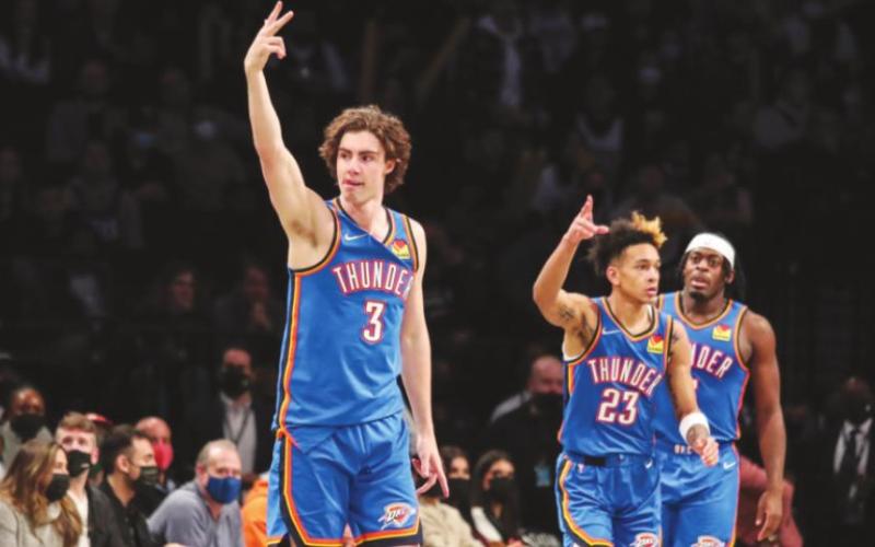 Oklahoma City Thunder guard Josh Giddey reacts after making a 3-point shot in the fourth quarter against the Brooklyn Nets at Barclays Center. (Wendell Cruz-USA TODAY Sports)