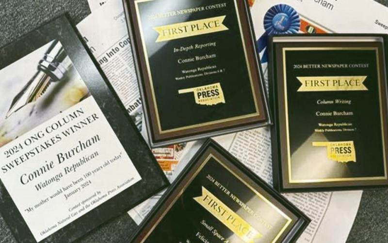 (ABOVE) A snapshot of the hardware the Watonga Republican earned at the June 7 Oklahoma Press Association Awards