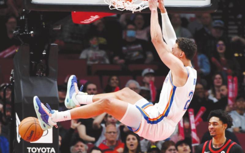 Isaiah Roby dunks the ball during the overtime against the Portland Trail Blazers at Moda Center. The Thunder won 134 -131. (Steve Dykes-USA TODAY Sports)