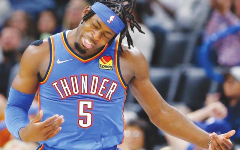 Oklahoma City Thunder forward Luguentz Dort celebrates after scoring against the Miami Heat during the second quarter at Paycom Center. (Alonzo Adams-USA TODAY Sports)