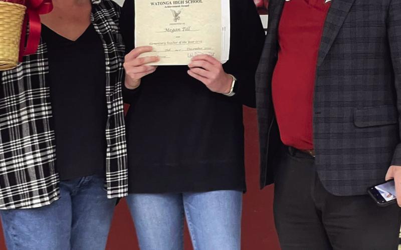 Watonga Public Schools recently named the district’s teachers of the year, one from each building. Above are elementary principal Ashley Stewart, elementary teacher of the year Megan Till and superintendent Kyle Hilterbran.