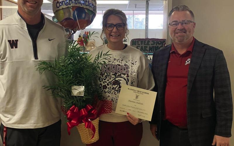 Watonga Public Schools recently named the district’s teachers of the year. Above are middle school principal Ty Hussey, middle school teacher of the year Shanna Kalicki and superintendent Kyle Hilterbran.