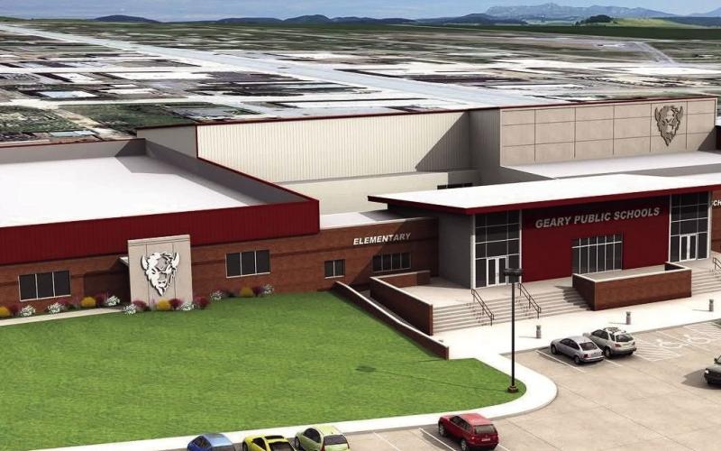 An artist’s rendering of the proposed exterior of the Geary Public Schools campus.The elementary school students and upper grades are separated by electronically locking doors. WIth the passage yesterday of a $5 million bond issue, the construction on the K-12 buildings should begin by the end of the school year and be completed in about 18 months.