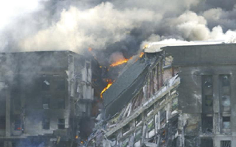 ABOVE: The World Trade Center on fire on September 11, 2001. This year marks the 23rd anniversary of the terrorist attacks that killed nearly 3,000 Americans. Photo courtesy of the Department of Defense