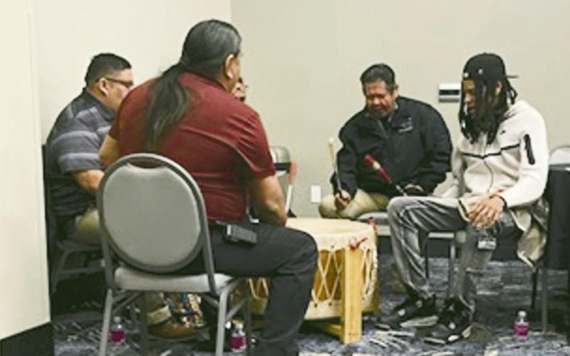 Shown at the Generational Trauma workshop are drummers and singers Amick Birdshead, Robert Littlebird, Billy Youngbird, Overton Sankey and Phoenix Whiteshirt.