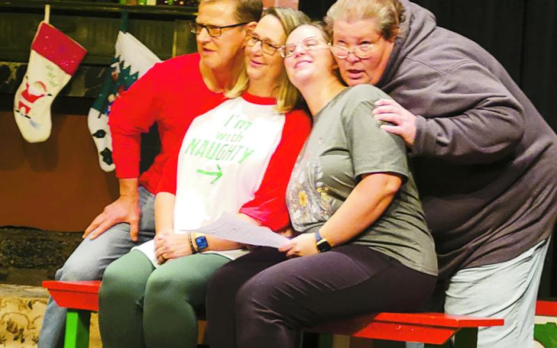 Ladd Lafferty, Kim Coney, Taylor Coney and Amy Adams rehearse for That's Christmas to Me. Watonga Community Theatre is holding the annual Christmas Toy Drive at 2:30 and 7:30 p.m. Sunday, Dec. 15 and at 7:30 p.m. Monday, Dec. 16. Photos courtesy Watonga Community Theatre