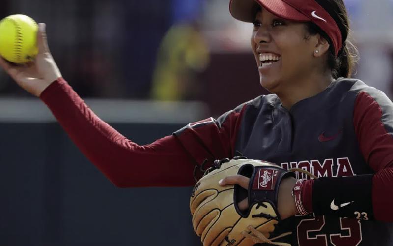 Oklahoma’s Tiare Jennings reacts during an NCAA college softball game May 19 against Hofstra in Norman. Oklahoma will seek its third straight national softball title and seventh championship overall at the Women’s college World Series. AP Photo/Garett Fisbeck