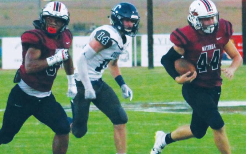 Watonga High School players Joe Jackson (8) and Joe Rinehart (44) in action vs. Cordell High School in 2019. Bob Henline Watonga Republican