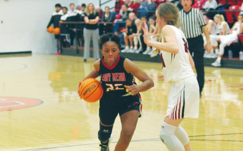 Amaya Evans dribbles down the court in a game against Watonga during last year’s season on January 6, 2020 Andrew Salmi Watonga Republican