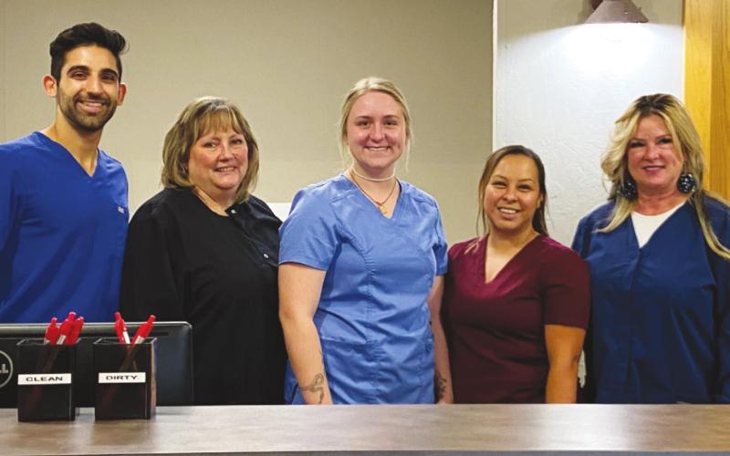 From left: Dr. Brandon Cohlmia and staffers Mary Ann, Tandy, Vanessa and Debbie at Watonga Dental on Wednesday, Nov. 10, 2021.