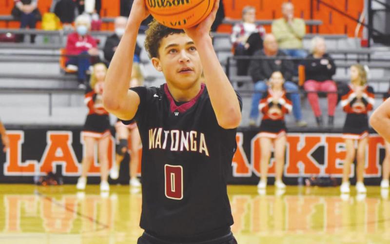 Deondre Dunn shoots a free-throw during a game against Fairview. The boys beat Fairview 33-23 to finish third in the Three Rivers Tournament. Brenda Geels Watonga Republican