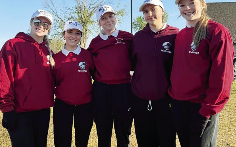 Above: The 2024 Lady Eagles Basketball team was honored with a plaque this week for outstanding academic achievement. They were pretty tough competitors, too. At right: The Lady eagles golf team, also known as the Queens of the Greens, at a competition at the Fort Cobb course.