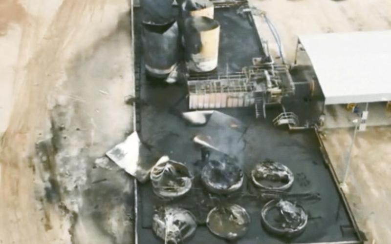 This arial photo shows the aftermath of Saturday’s fire at a salt water disposal site east of Watonga. Photo Courtesy of Blaine County Emergency Management