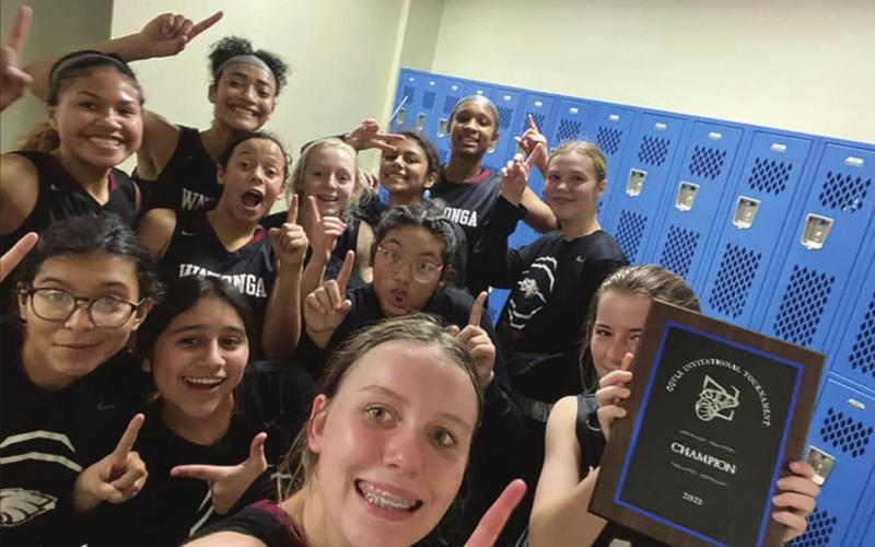 The Watonga Lady Eagles celebrate the Coyle Invitational Tournament championship in the locker room after the title-clinching game against Okarche. (Photo provided by Brenda Geels)