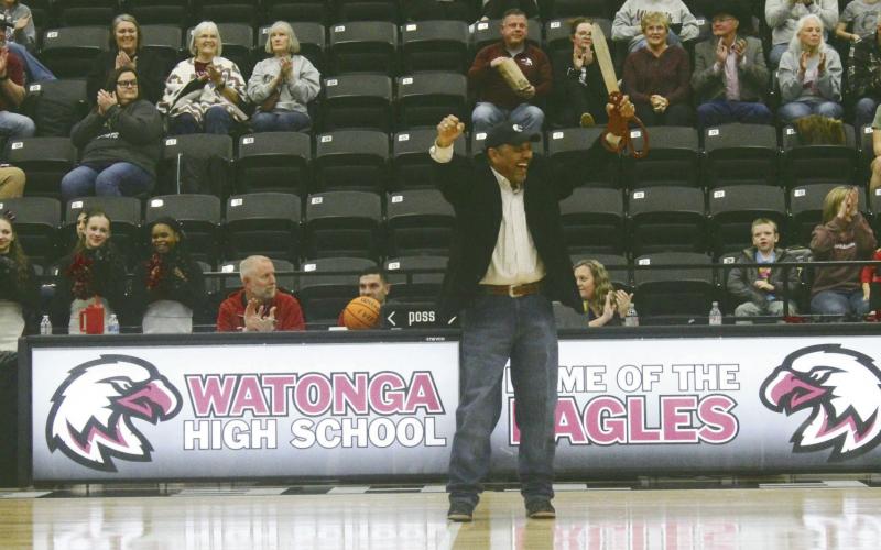 School Board member Dr. Dwight McGee celebrates the official opening of the new gym at Watonga High School. The building is a step up from the old gym and the new facilities were tapped almost immediately for the regional basketball games in February 2025.