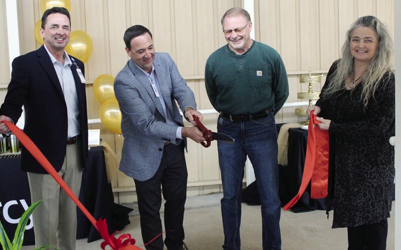 Mercy Administrator Bobby Stitt (L), Facilities Director Kenny Thompson, Watonga Mayor Bill Seitter and City Manager Karrie Little cut the ribbon Thursday on the new CT scanner at Mercy Watonga