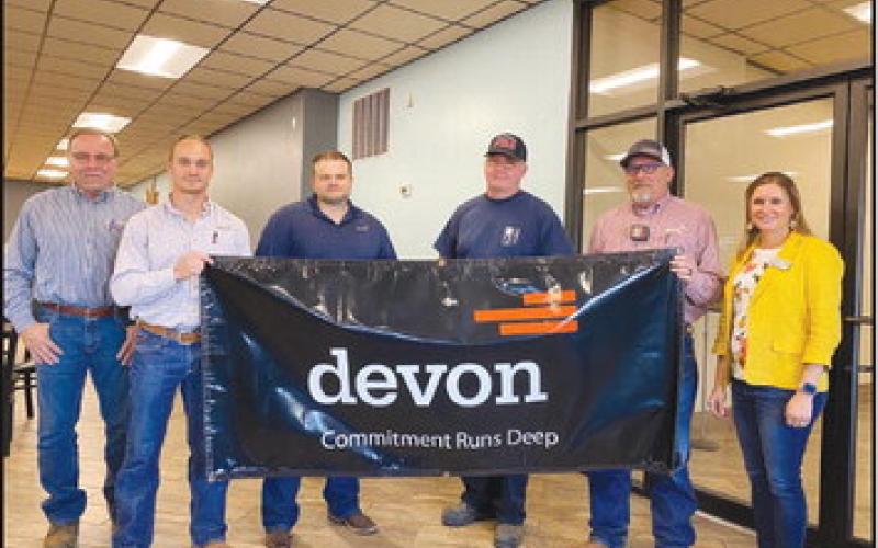 Devon employees thank the Watonga Fire Department for its work. Pictured (L to R): Lee Courange (Devon Energy), Dawson Weathers (Devon Energy), Kevin Daniels (Devon Energy), Robert Daugherty (Watonga FD Chief), Cory Plattner (Devon Energy) and Jillian Sulley (Devon Energy)