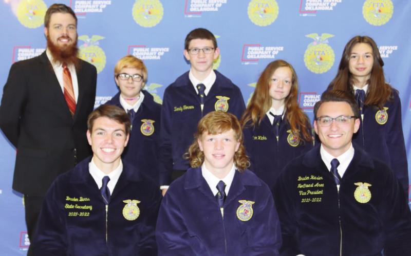 Photo right: Standing in the back are Geary FFA officers; Sitting in the front row, far left, is Braden Burns, Kingfisher, state secretary. Sitting in the front row, far right, is Braden Heisler, Waukomis, northwest area vice-president.