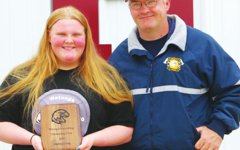Watonga High School varsity powerlifting freshman standout Andrea Craig-Daughtery with her dad, Robert Daughtery. Andrea placed 10th at the 2020 girls’ state meet.