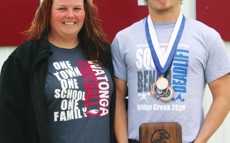 Watonga High School varsity powerlifting 168-pound senior Brandon Wiggins with his mother, Stephanie King. Brandon was a state qualifier for the Eagles alongside Easter.