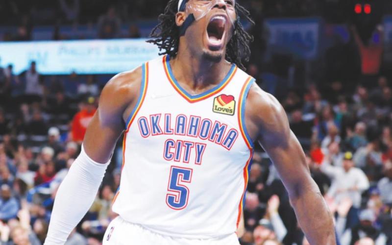 Oklahoma City Thunder forward Luguentz Dort celebrates after dunking against the Golden State Warriors during the second half at Paycom Center. Golden State won 110-98. (Alonzo Adams-USA TODAY Sports)