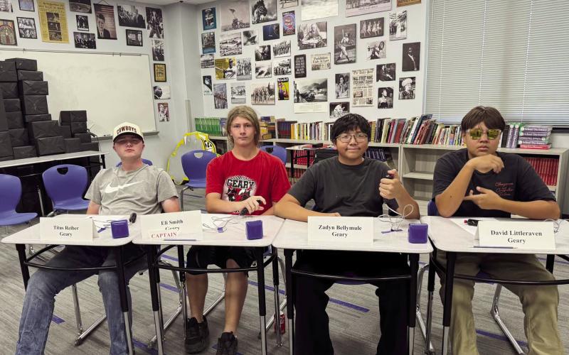 Above Right: Geary junior high Academic Team members include Eli Smith, Titus Reiber, David Littleraven, and Zadyn Bellymule
