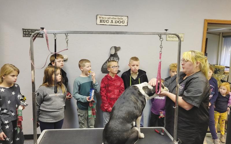 Darci Cash, owner of Furocious Beast pet groomer, demonstrates how to trim nails on a dog to Watonga 4-H members. Kinze Cowan, Keela Cowan, Brant Cowan, Kase Hilterbran, Sage Scheihing, Averie Morris, Wyatt Manke and Grady Scheihing look on.