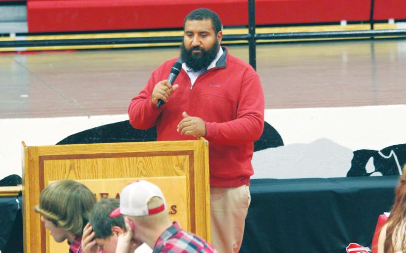 Geary High School varsity football head coach Steven Wilson talks to students, parents, and faculty on May 9, 2019, during last year’s Bison All-Sports Banquet award ceremony. On Monday night at the Geary Public Schools Board of Education meeting, it was officially announced that Wilson had resigned from his position after six years at the helm of the Bison football program. Andrew Salmi The Geary Star