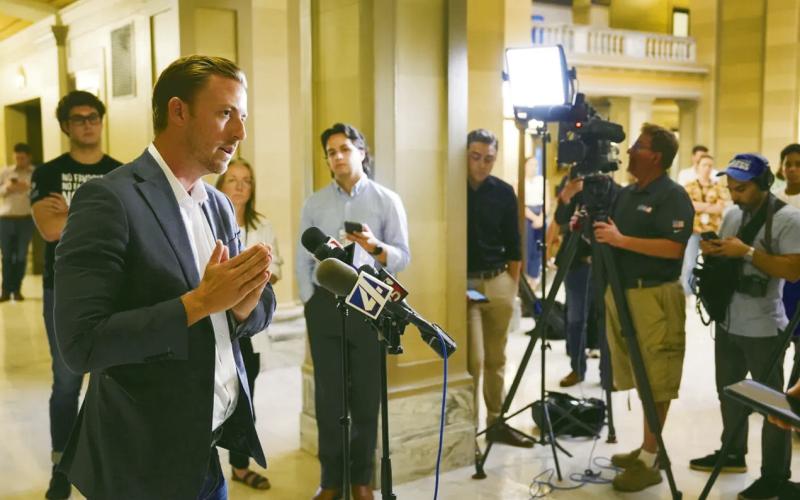 (ABOVE) Former State Superintendent of Education Ryan Walters speaks to members of the press at the Oklahoma State Capitol five days ago as he announced his .resignation.